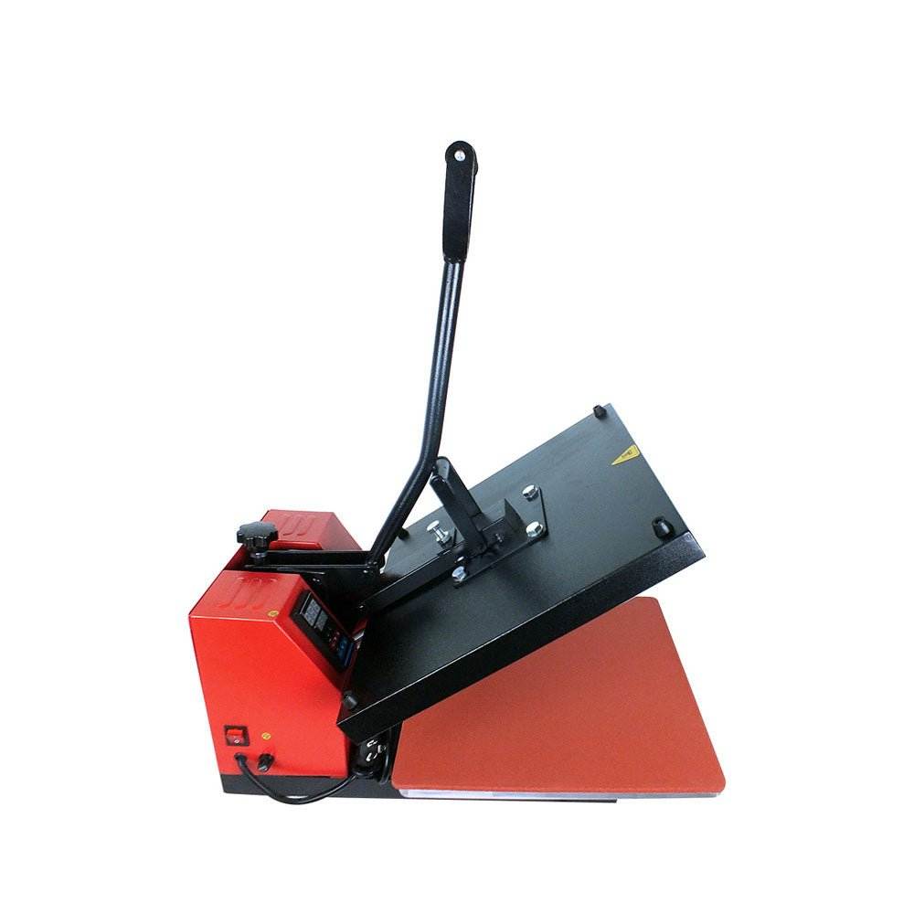 Professional red and black Varmepressmaskin Modell XY-001 heat press machine with adjustable handle for 38x38 cm surfaces.