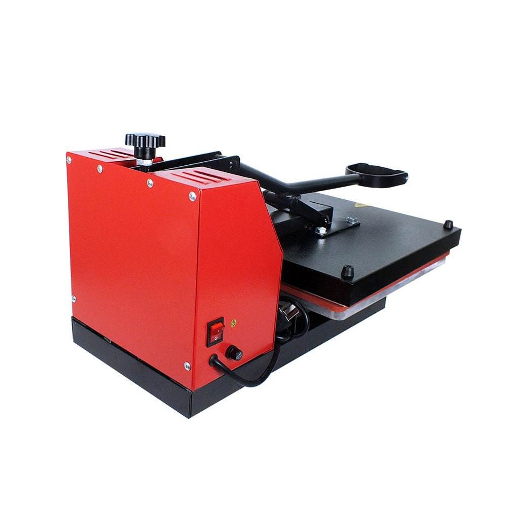 Red and black Varmepressmaskin Modell XY-001 heat press machine for professional transfer printing on various materials with adjustable temperature and time controls.