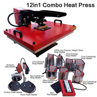 VarmepresXY-008E Combo 12-in-1 clamshell heat press machine with multiple heat plates and mug heaters for versatile heat transfer on textiles, caps, mugs, and pens