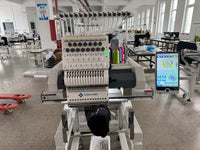 Kreatek III BL-1501 industrial embroidery machine with 12/15 needles, high-speed cap embroidery, and Dahao control system in factory setting