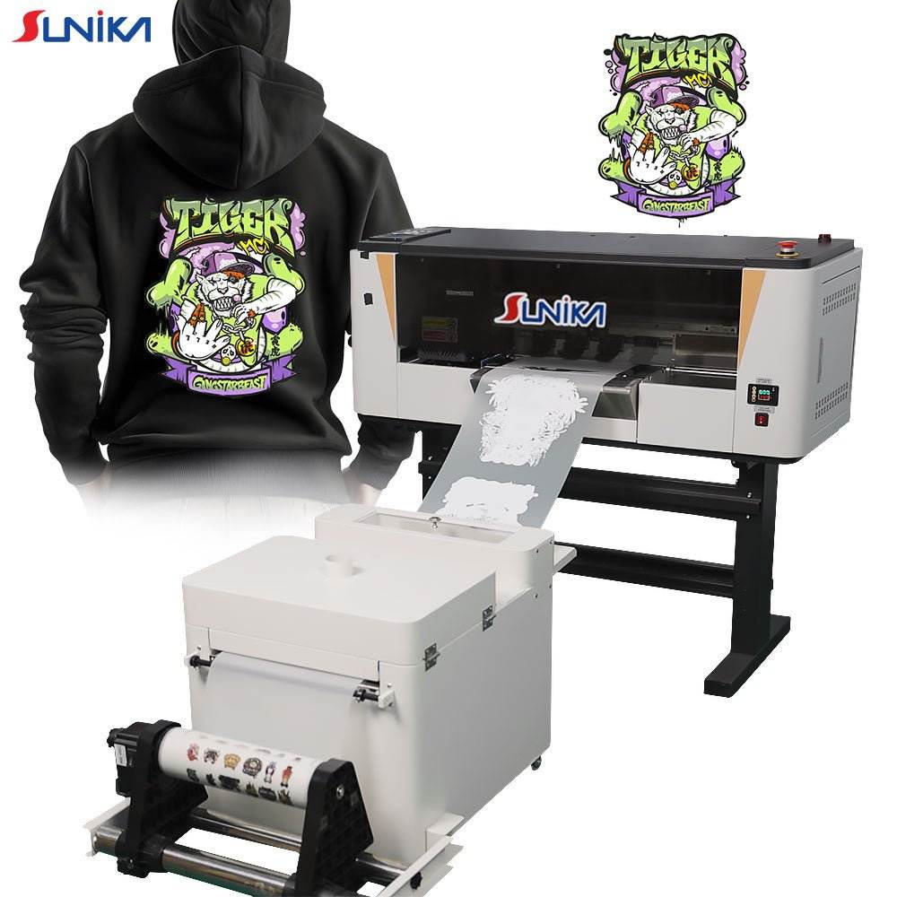 SUNIKA DTF A3-Shaker printer with vibrant multicolor sweatshirt print and powder shaker oven functions designed for A3 size prints.