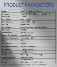 Second Generation SKA3 DTF printer with Epson F1080-A1 printhead, 330mm width, pigment ink, 720x1440 dpi resolution, and automatic cleaning.