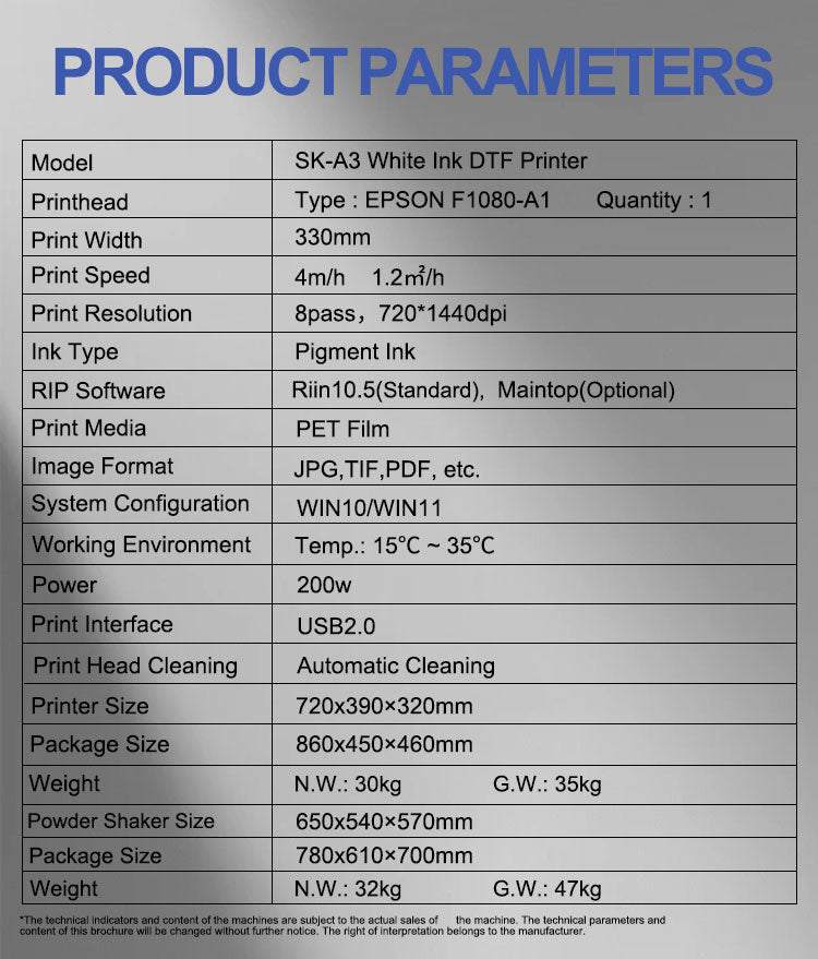 Second Generation SKA3 DTF printer with Epson F1080-A1 printhead, 330mm width, pigment ink, 720x1440 dpi resolution, and automatic cleaning.