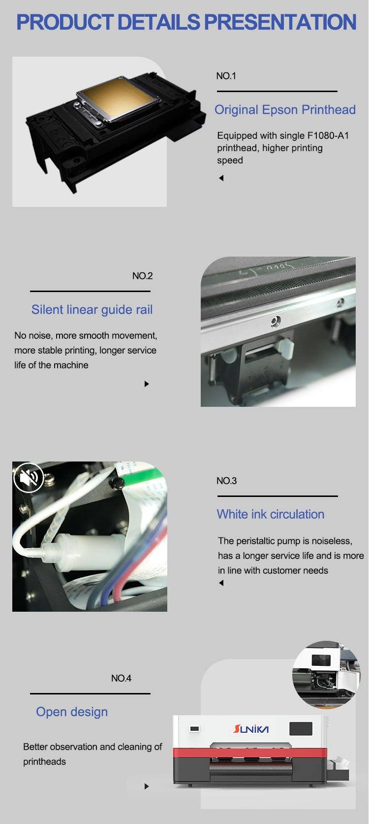 Second Generation DTF printer SKA3 with Epson printhead, silent guide rail, white ink circulation, and open design for high-quality digital textile printing.