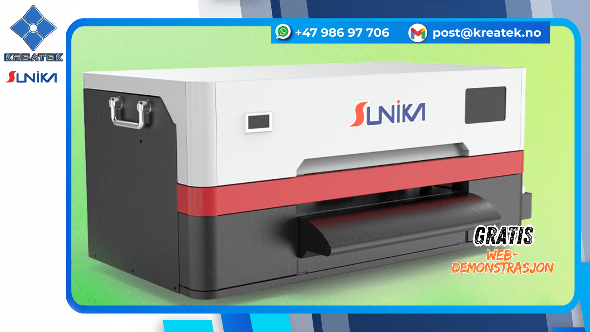 SLNIKA SKA3 DTF Printer offering gratis online demonstration with contact details for booking