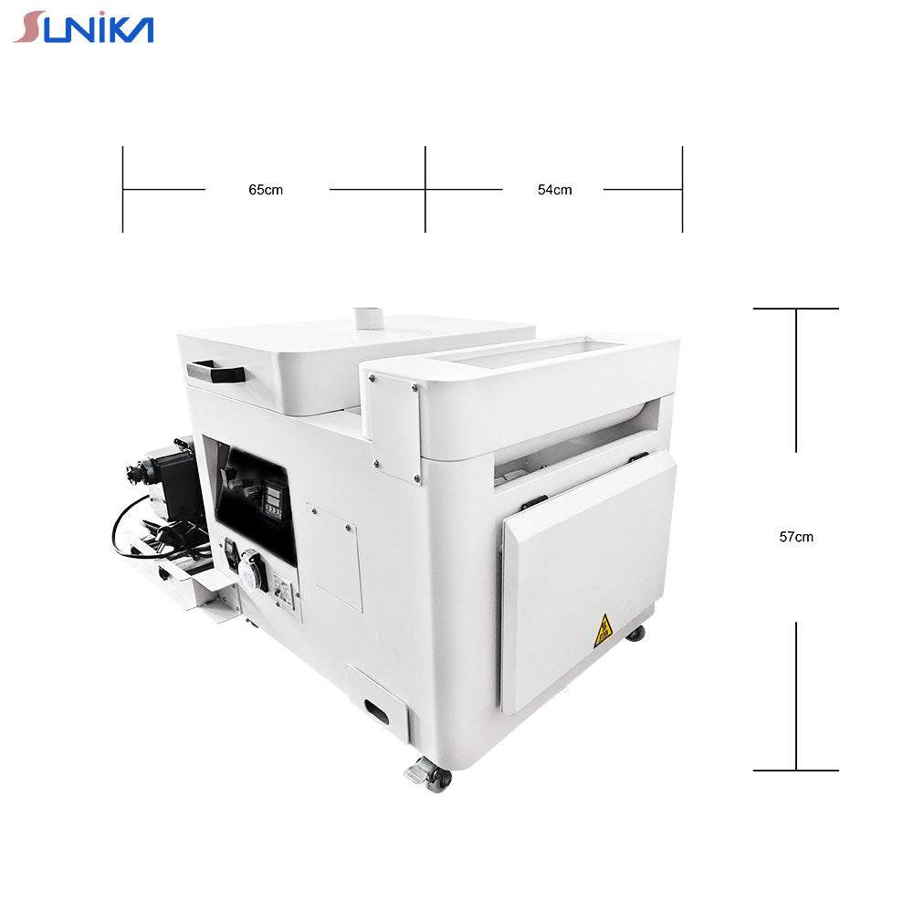 SUNIKA DTF A3-Shaker white multifunctional printing machine with powder shaking and oven heating functions, 65x54x57 cm dimensions, designed for A3 printing projects.