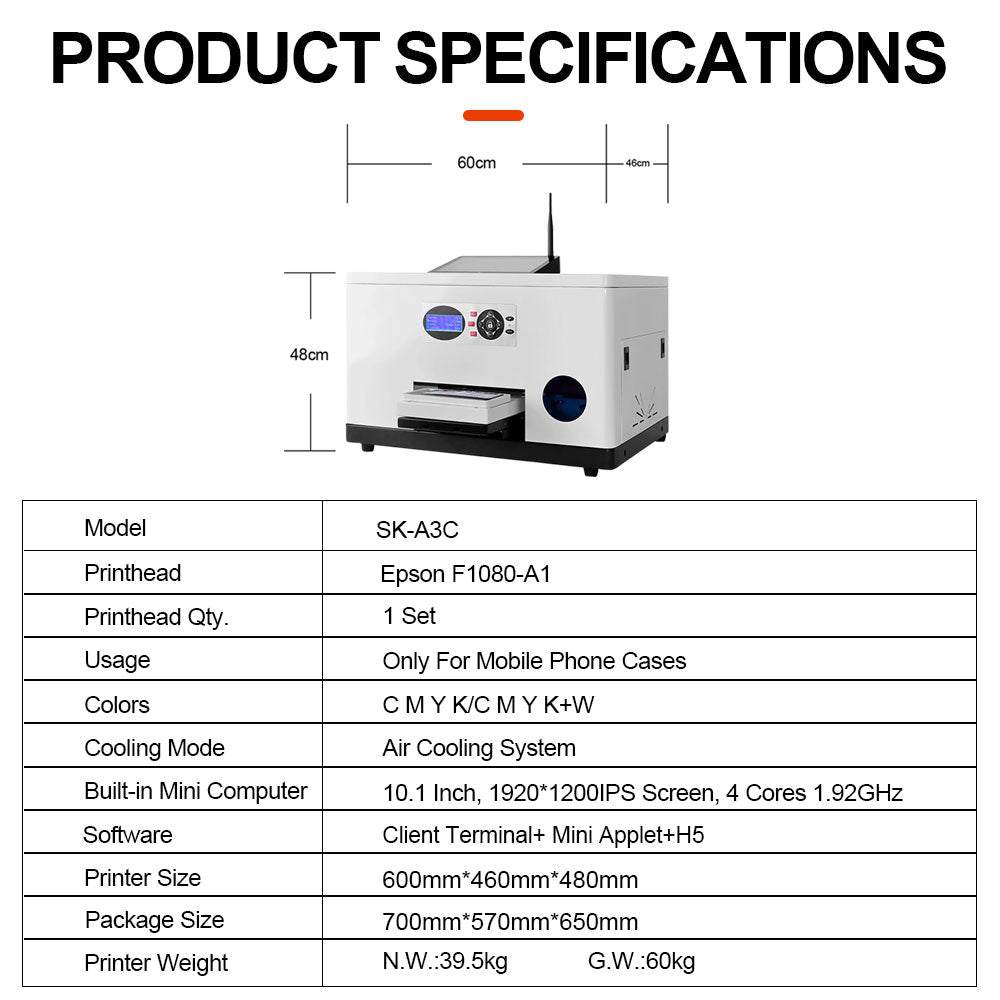 Sunika SK-A3C Printer with Epson F1080-A1 printhead for high-precision UV printing on mobile phone cases, compact design with air cooling system.