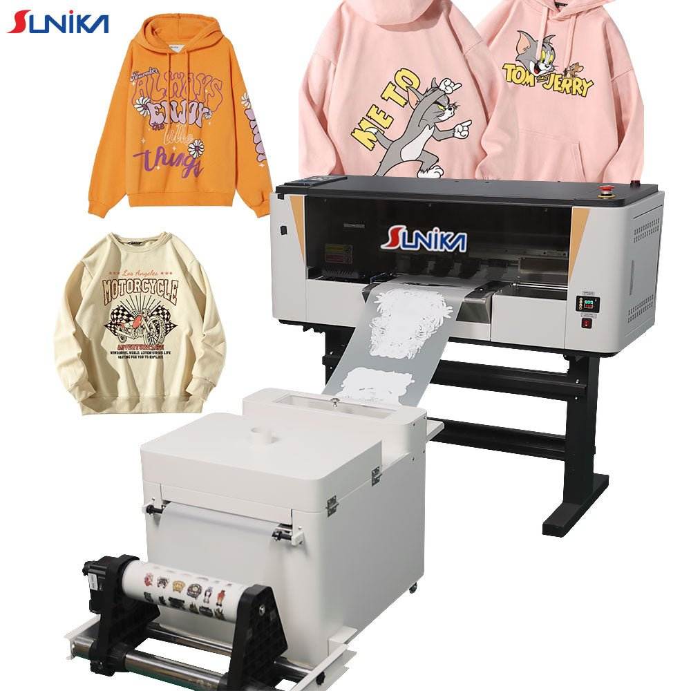 SUNIKA DTF A3-Shaker machine with printed hoodies and printer for vibrant multicolor designs on A3 size garments