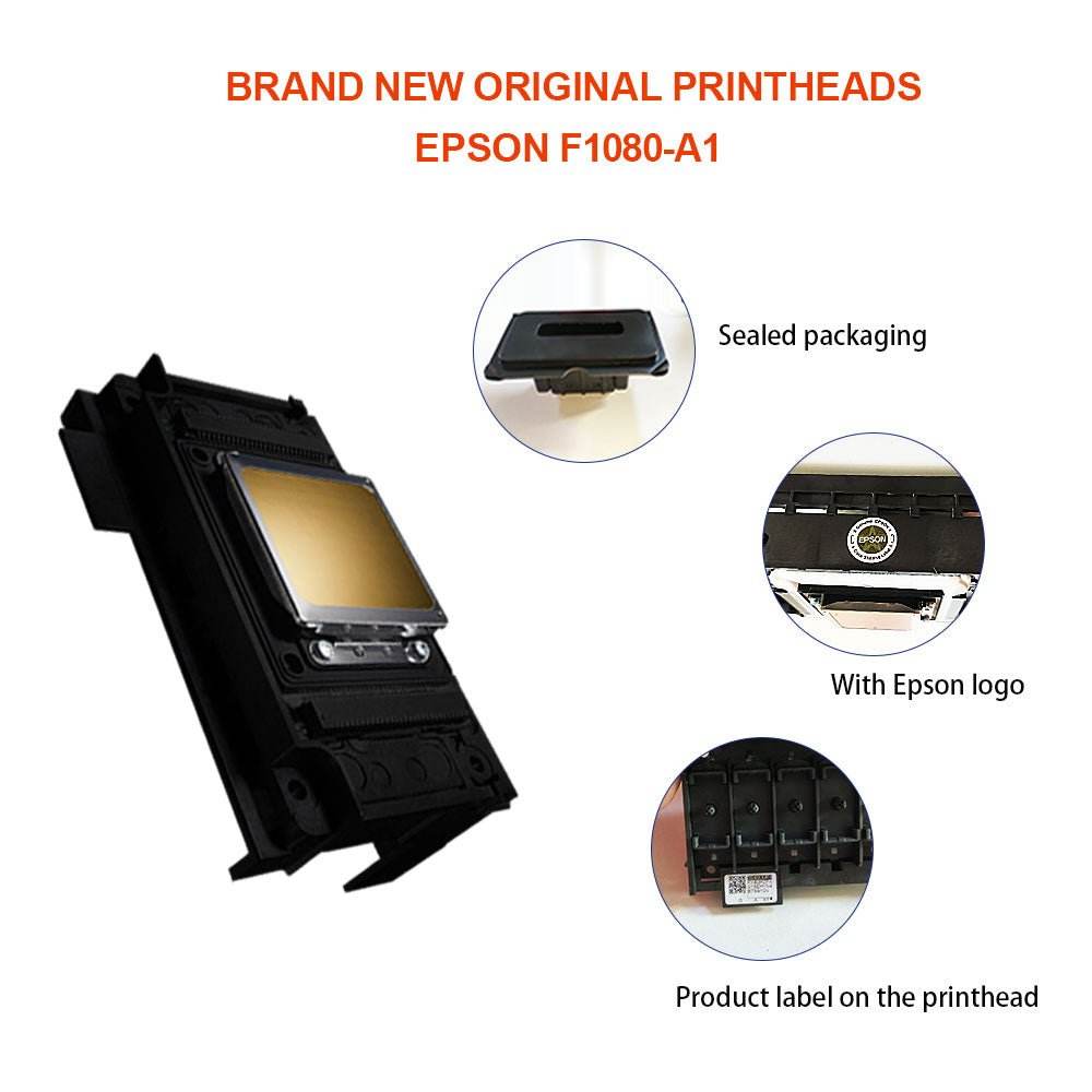 Epson F1080-A1 printhead for Sunika SK-A3C printer with sealed packaging, Epson logo, and product label.