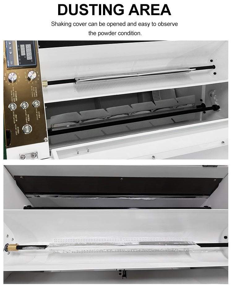 SUNIKA DTF 60cm-Shaker powder dusting area with open shaking cover and control panel details