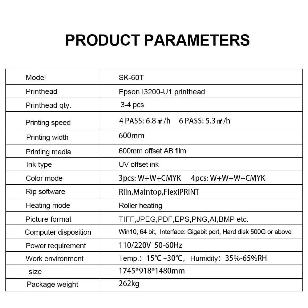 Powderless UV-DTF Printer SK60-T with Epson I3200-U1 printheads, 600mm print width, UV offset ink, automatic printing and laminating, LED UV curing, high precision, eco-friendly technology for textiles, bags, shoes, and more.