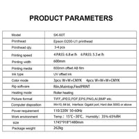 Powderless UV-DTF Printer SK60-T with Epson I3200-U1 printheads, 600mm print width, UV offset ink, automatic printing and laminating, LED UV curing, high precision, eco-friendly technology for textiles, bags, shoes, and more.