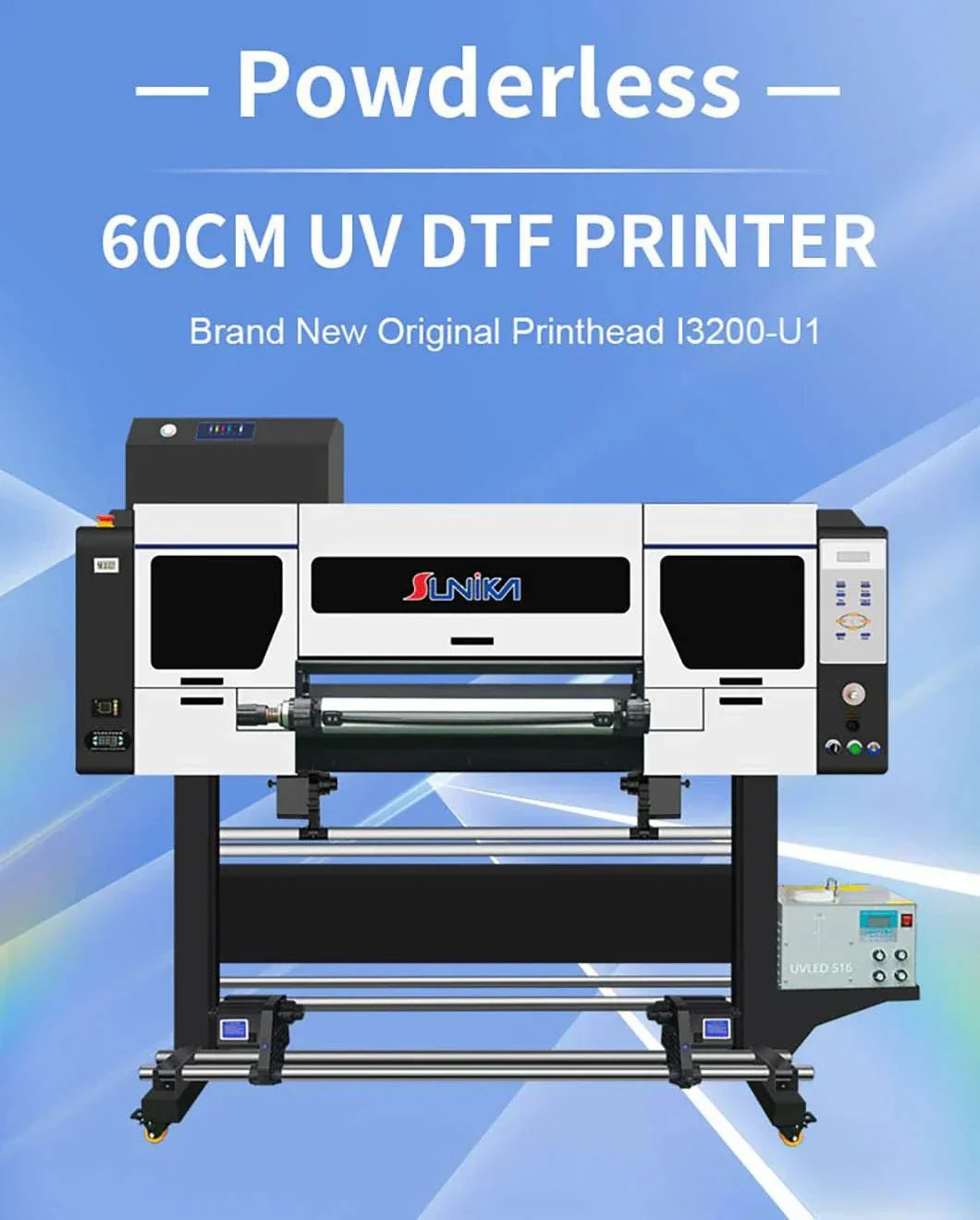 Powderless SK60-T 60cm UV-DTF printer with Epson I3200-U1 printhead for eco-friendly direct printing on PET film.