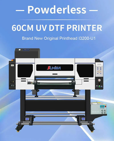 Powderless SK60-T 60cm UV-DTF printer with Epson I3200-U1 printhead for eco-friendly direct printing on PET film.