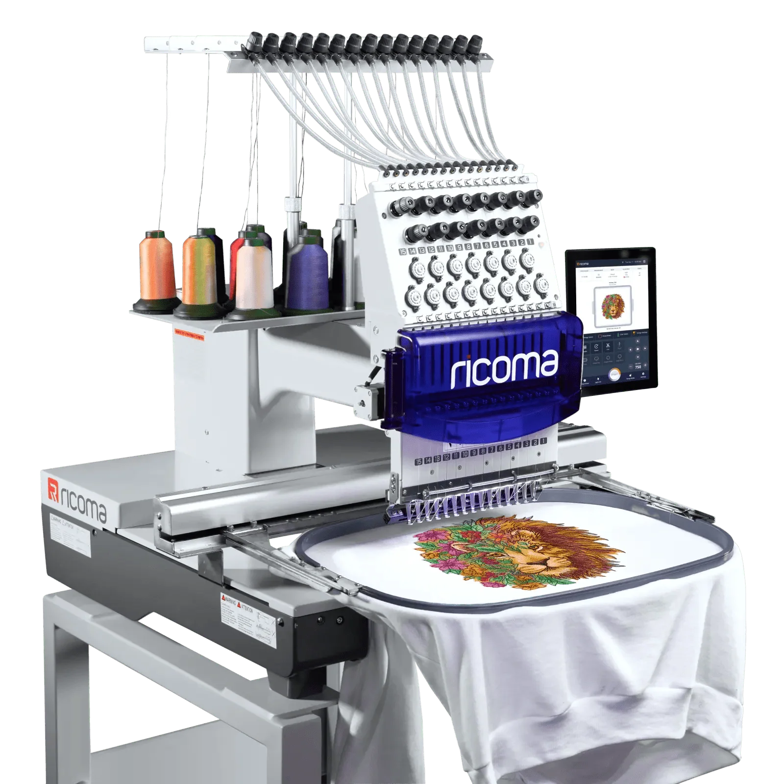 Ricoma TC-1015-10S single head industrial embroidery machine with 15 needles and 10.1-inch touchscreen display embroidering colorful lion design on white fabric.