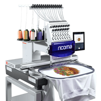 Ricoma TC-1015-10S single head industrial embroidery machine with 15 needles and 10.1-inch touchscreen display embroidering colorful lion design on white fabric.
