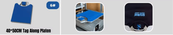 40 x 50cm Tag/merkeplate accessory for electric heat press shown in use and close-up views