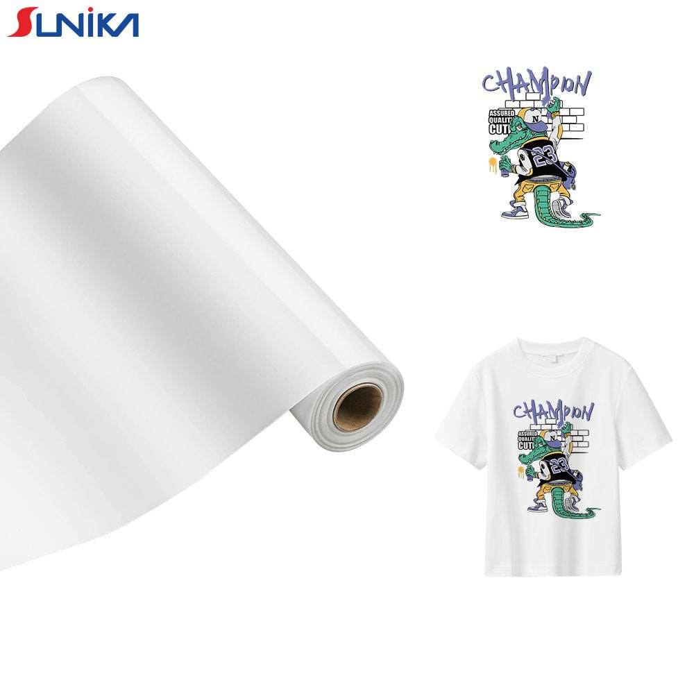 Roll of DTF-A3 Film 30cm x 100m with vibrant cartoon graphic printed on white t-shirt using DTF transfer technology
