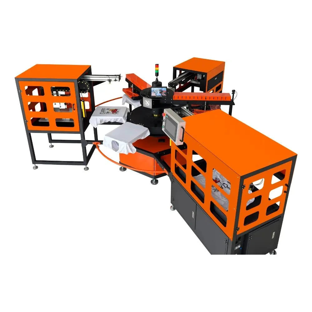 Cyber Pneumatic 40x50cm – 6-Station High-Efficiency Heat Press Machine (B5-6) in a professional textile printing setup.