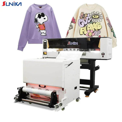 SUNIKA SK-60 DTF printer med pneumatisk varmepresse og trykk på hettegensere, ideell for profesjonell dtf printing.