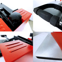 Close-up collage of Varmepressmaskin Modell XY-001 heat press machine details including handle, control knob, red textured surface, and heating plate.