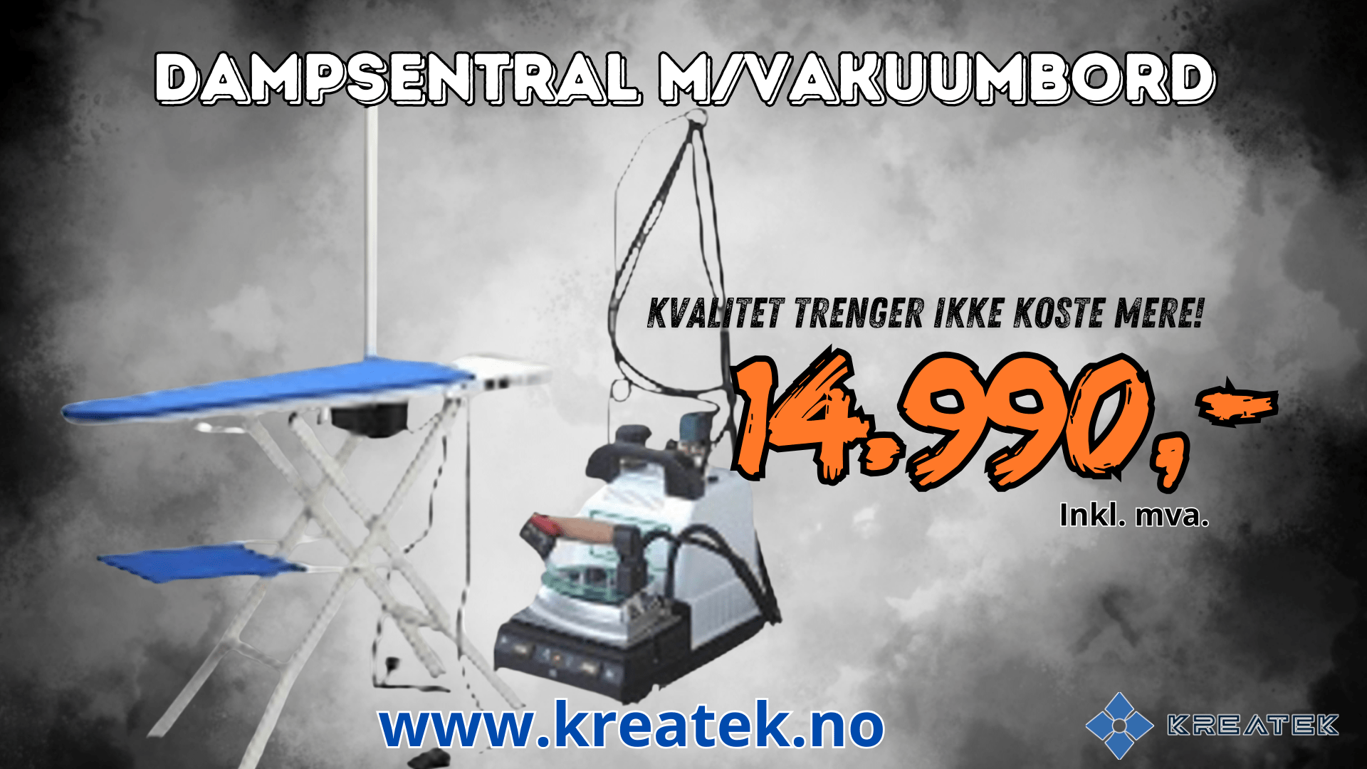 Kreatek Strykesentral steam ironing system with vacuum board and iron priced at 14,990 NOK