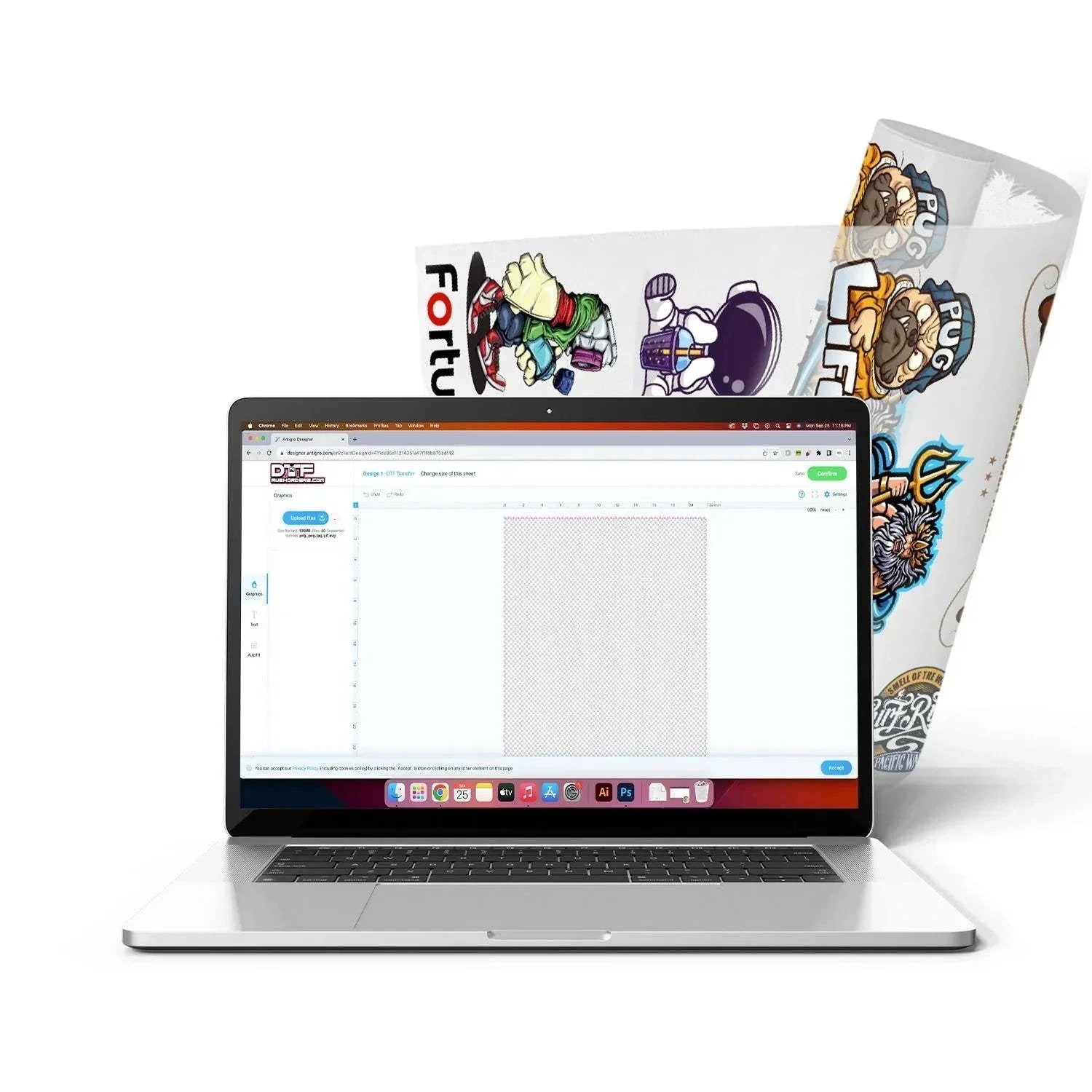 custom glitter DTF transfer sheet printing service displayed on laptop with colorful designs