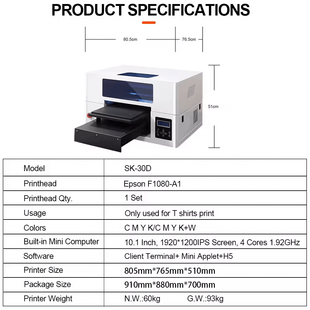 Sunika SK-30D DTG printer for high-quality direct-to-garment T-shirt printing with Epson F1080-A1 printhead and full color CMYK capabilities.