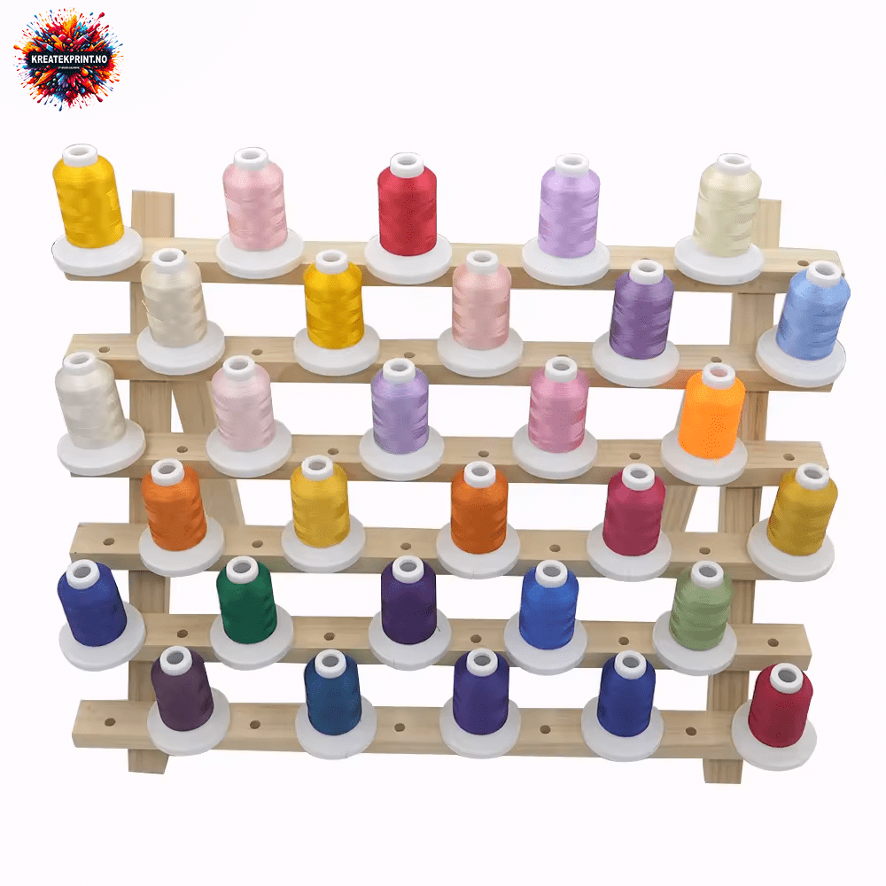 YIGAO embroidery thread set with 63 vibrant polyester colors on a wooden rack for durable and flexible stitching projects.