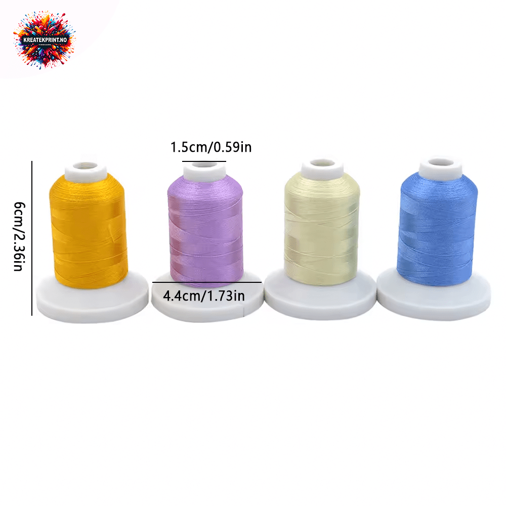 Four spools of YIGAO embroidery thread in yellow, purple, cream, and blue, each measuring approximately 6 cm in height and 4.4 cm in base diameter, part of a 63-color polyester thread set for durable and versatile embroidery projects.