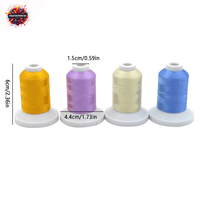 Four spools of YIGAO embroidery thread in yellow, purple, cream, and blue, each measuring approximately 6 cm in height and 4.4 cm in base diameter, part of a 63-color polyester thread set for durable and versatile embroidery projects.