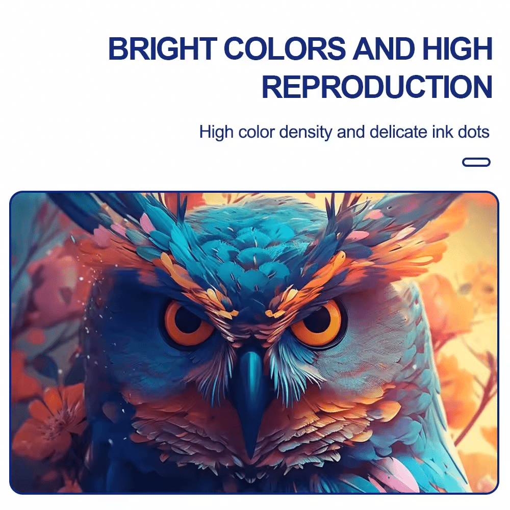 Vivid owl illustration showcasing bright colors and high color density printed with Kreatek DTF-blekk digital textile ink.