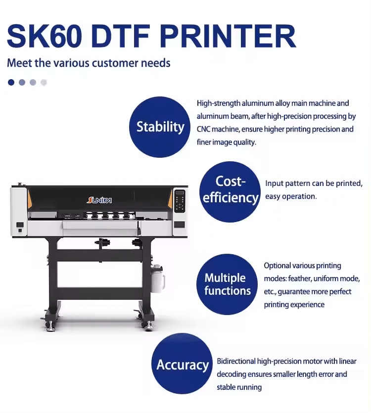 SUNIKA SK-60 DTF printer med pneumatisk varmepresse og trykk på hettegensere, ideell for profesjonell dtf printing.