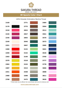 Fargekart med 48 farger for Sakura polyester broderitråd, premium kvalitetstråd for maskinbroderi og håndverk.