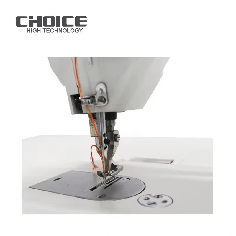 Close-up of Industrisymaskin GC0303 Walkingfoot sewing machine needle and presser foot with orange thread on white base