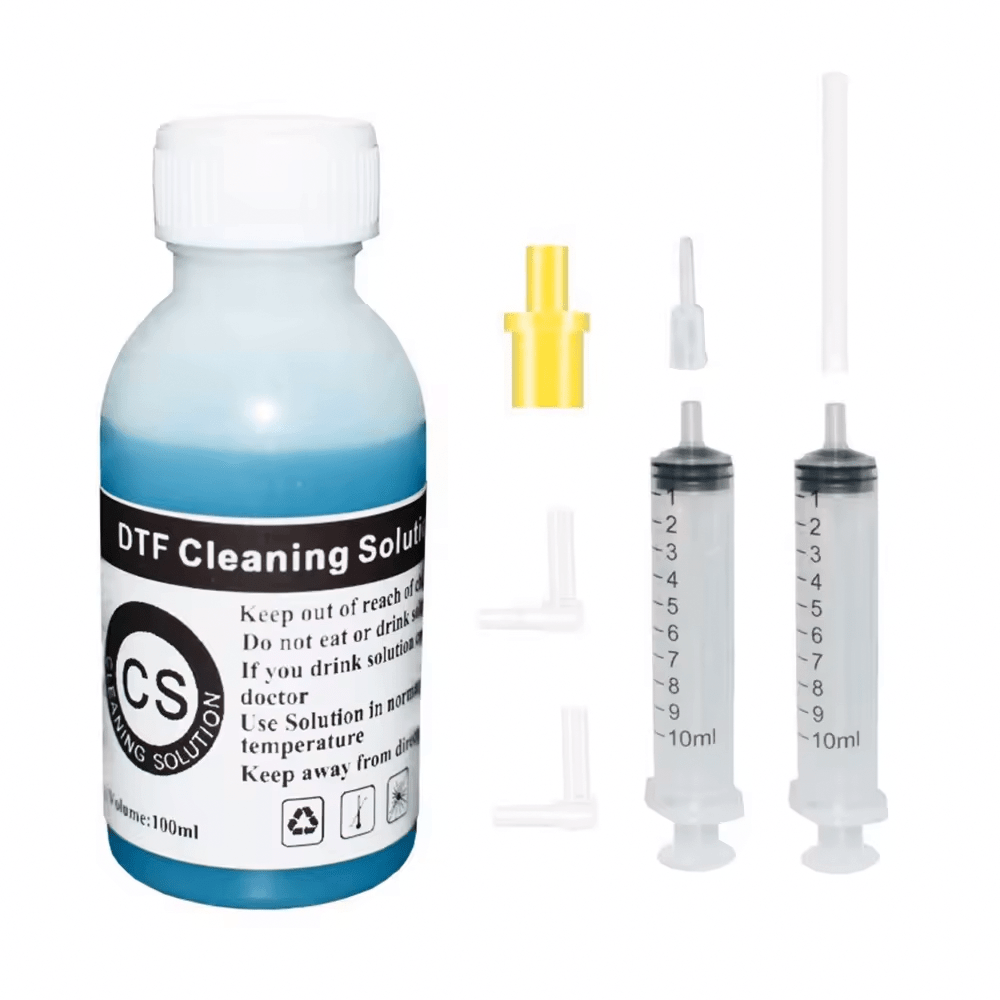 Kreatek DTF Rensekit with blue cleaning solution bottle, two 10ml syringes, tubing, and connectors for printhead cleaning