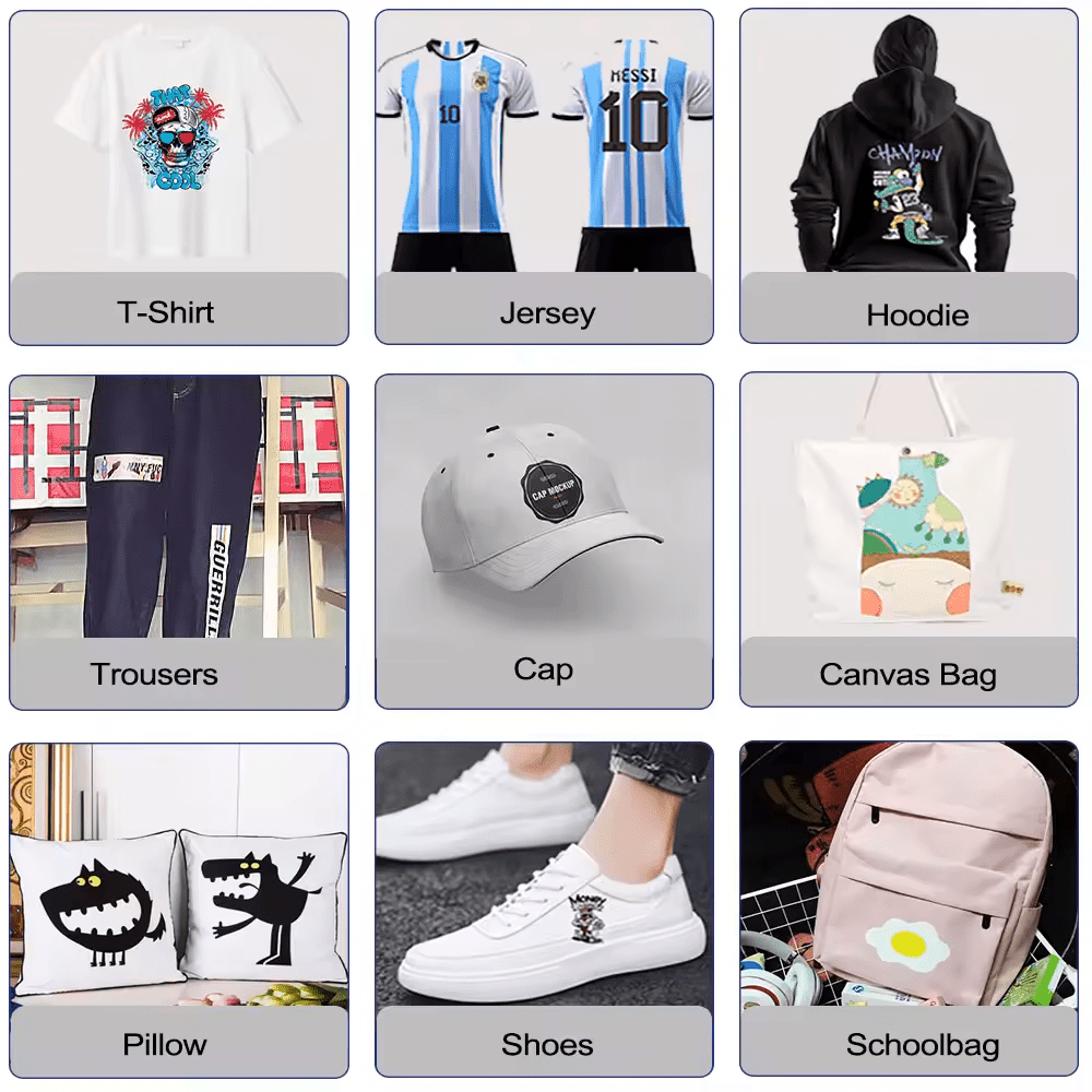 Kreatek DTF-blekk used for vibrant, durable digital textile prints on various apparel and accessories including t-shirts, jerseys, hoodies, trousers, caps, canvas bags, pillows, shoes, and schoolbags.