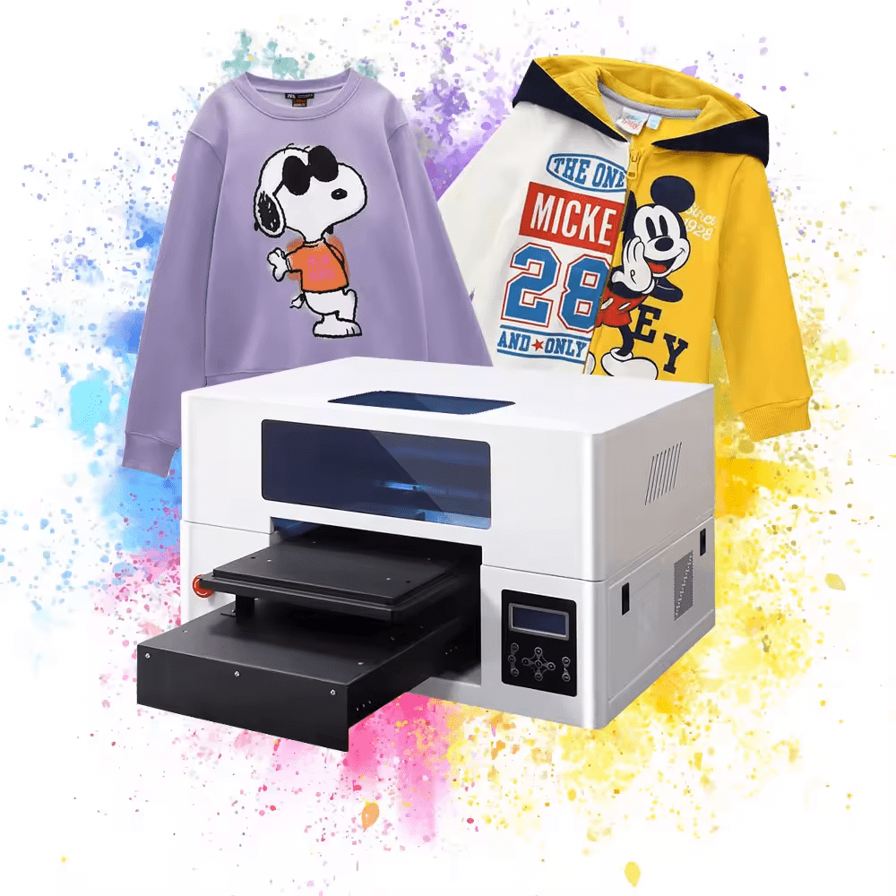 Sunika SK-30D DTG printer with vibrant multi-colored printed sweatshirts featuring cartoon characters and splash background