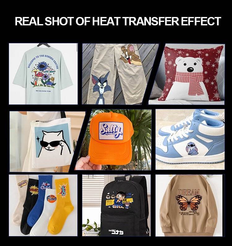 DTF-A3 Film heat transfer effect on various fabric items including t-shirts, pants, pillow covers, bags, hats, shoes, socks, backpacks, and sweatshirts
