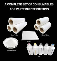 DTF-A3 Film transfer film rolls, hot melt powder, and ink bottles for white ink DTF printing set.