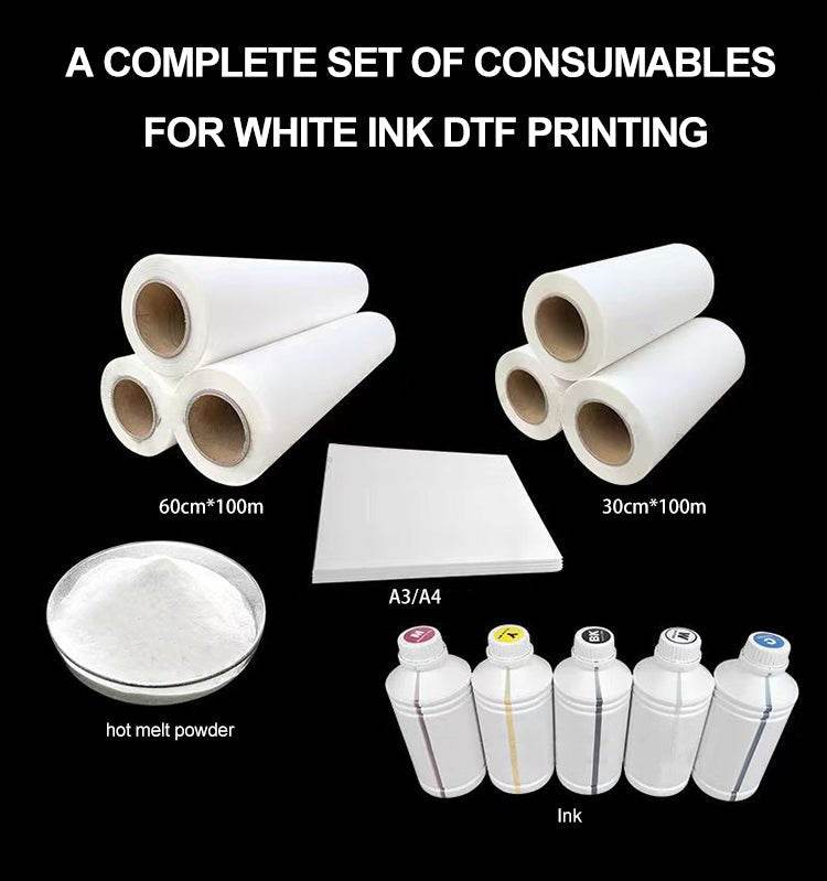 DTF-A3 Film transfer film rolls, hot melt powder, and ink bottles for white ink DTF printing set.