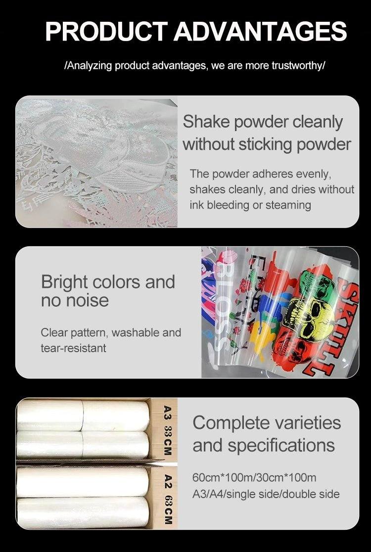 DTF-A3 Film 30cm x 100m with hot peel technology for vibrant, durable garment transfers and easy powder shaking, available in multiple sizes and clear color prints