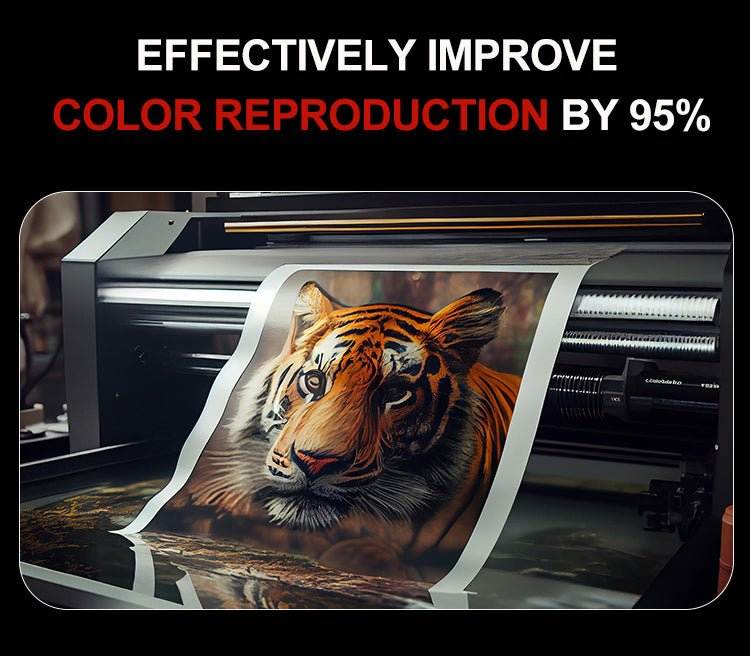 DTF-A3 Film printing vibrant tiger image showing improved color reproduction on transfer film roll