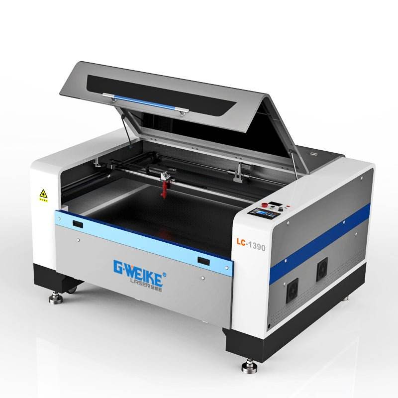Gweike LC1390N CO2 laser cutting and engraving machine with autofocus, motorized platform, and large 1300x900mm workspace.