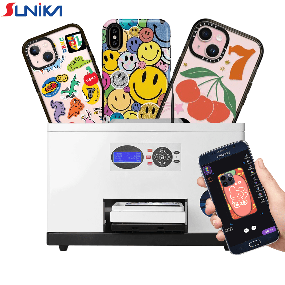 Sunika SK-A3C UV printer producing colorful custom phone cases with Epson F1080-A1 printhead technology