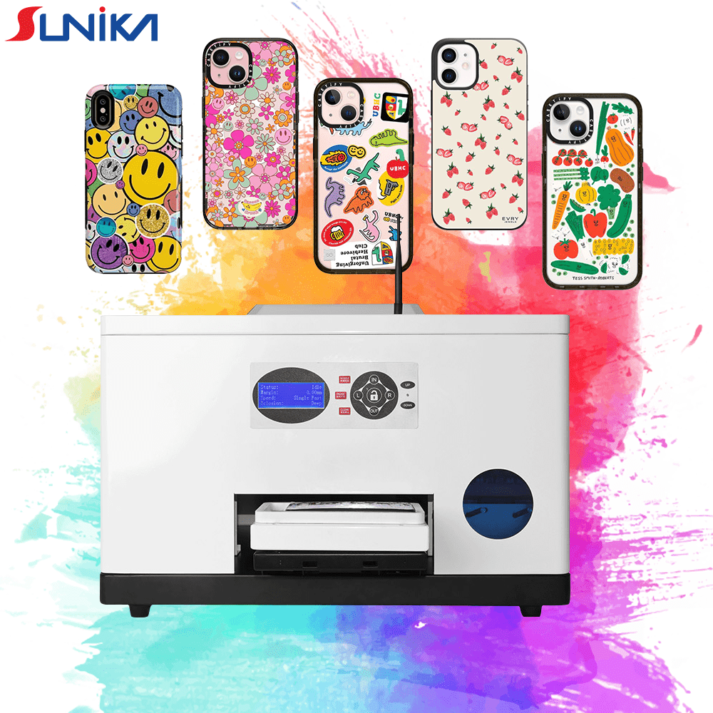 Sunika SK-A3C UV printer showcasing vibrant custom phone case prints with Epson F1080-A1 printhead technology.