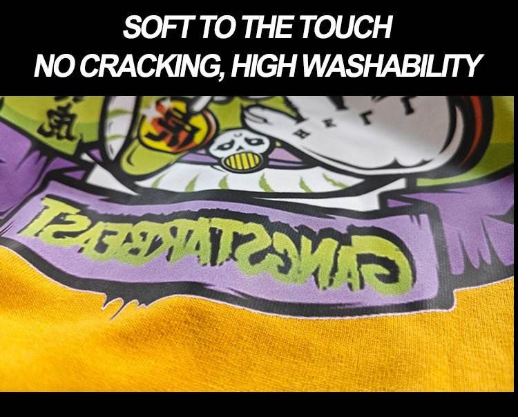 Close-up of fabric print highlighting softness, no cracking, and high washability using Kreatek DTF-Pulverlim white polyester melting adhesive powder.