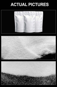 Kreatek DTF-Pulverlim white polyester melt glue powder in resealable bags, close-up texture of fine adhesive powder for DTF printing.