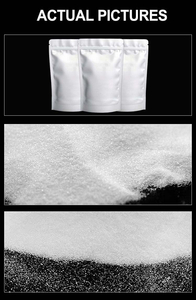 Kreatek DTF-Pulverlim white polyester melt glue powder in resealable bags, close-up texture of fine adhesive powder for DTF printing.