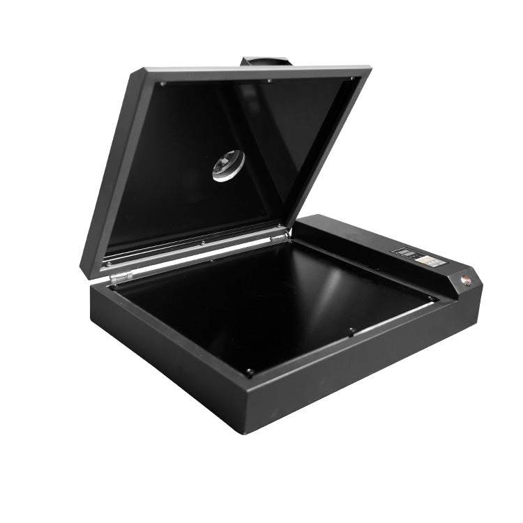 Compact black drying oven for SKA3 second generation DTF printer with hinged lid open